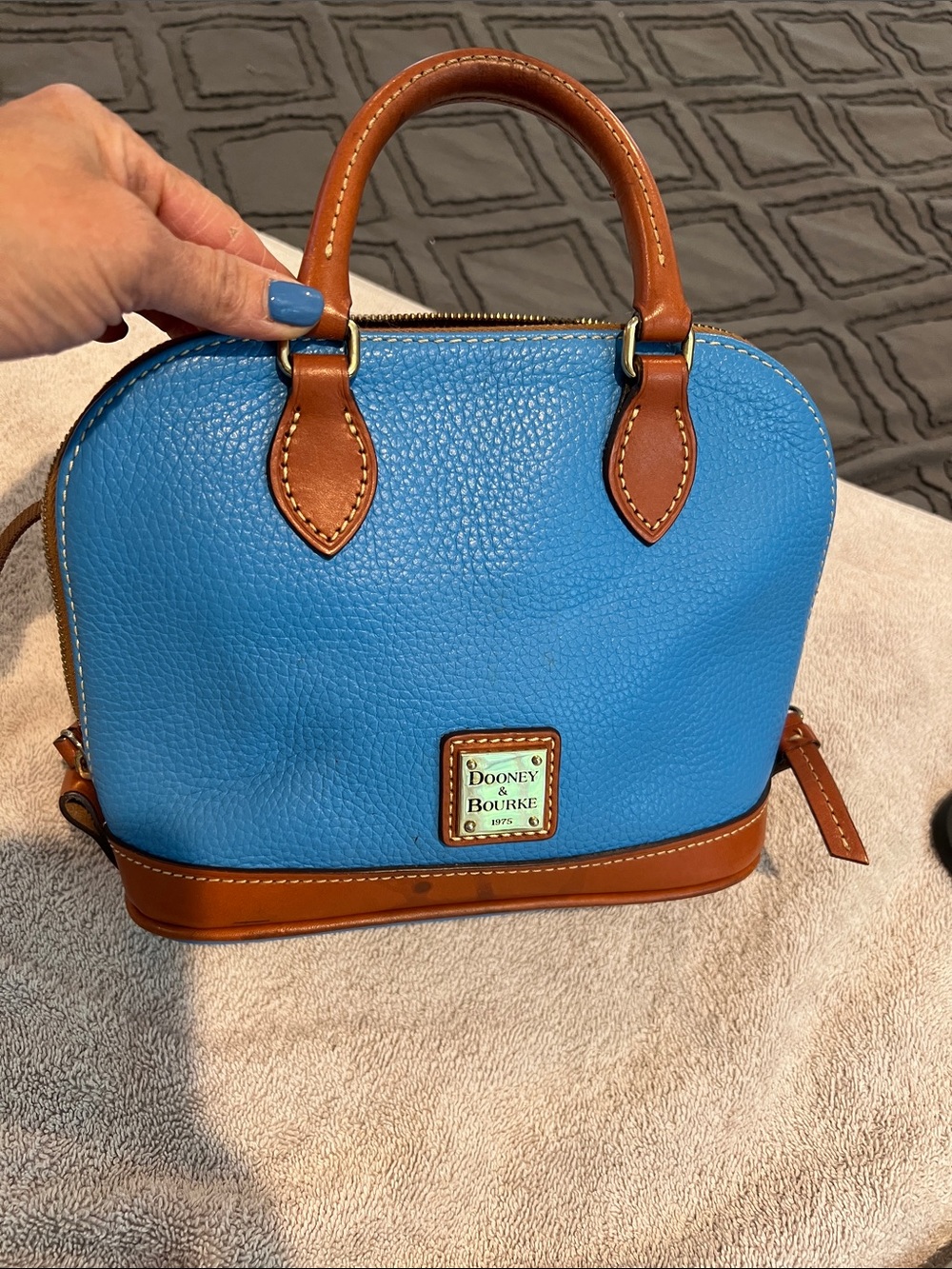 Mini Dooney & Bourke Bright Blue Pebbled Leather Satchel with Brown Trim